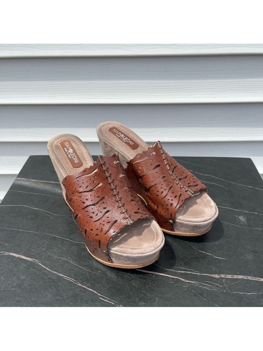 NAPOLEONI women platform wedge sandals mules brown leather Sz 38 - Picture 3 of 16